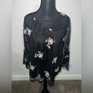 Fyve Embroidered Floral Swiss Dot Lace Black Top Size Large